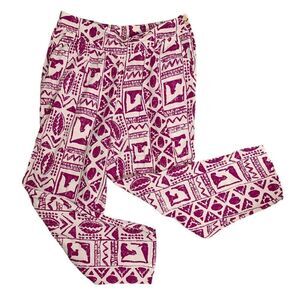 Vintage 90s Harem Capri Pants L White Purple Pockets Elastic Waist Button Zip